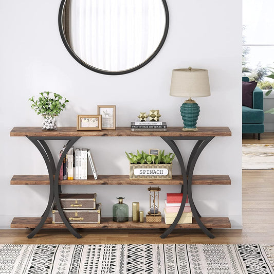 Narrow Console Table with 3 Shelves (Brown)-1