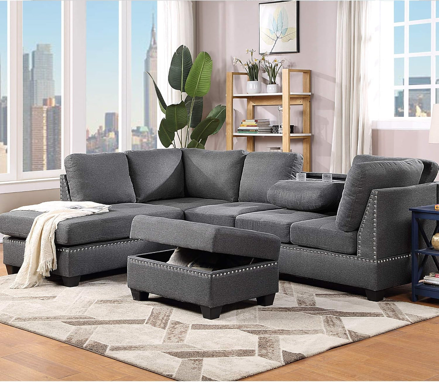 Sectional Sofas 3-Seat Sofa Sectional Sofa Couches with Reversible Chaise Storage Ottoman and 2 Cup Holders, Sofa Lounge and Ottoman for Living Room Furniture-4