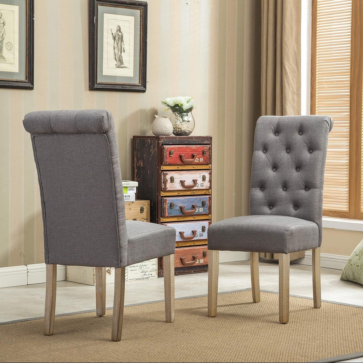 Habit Grey Solid Wood Tufted Parsons Dining Chair (Set of 2), Gray-3