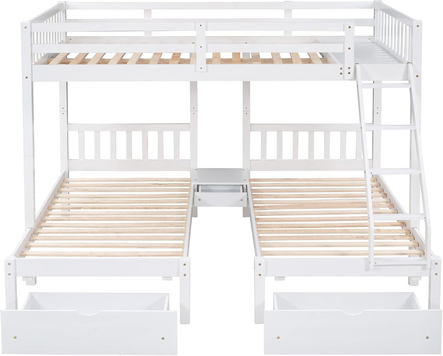 Full over Twin & Twin Bunk Bed, Wood Triple Bunk Bed with Drawers and Guardrails (White)-4