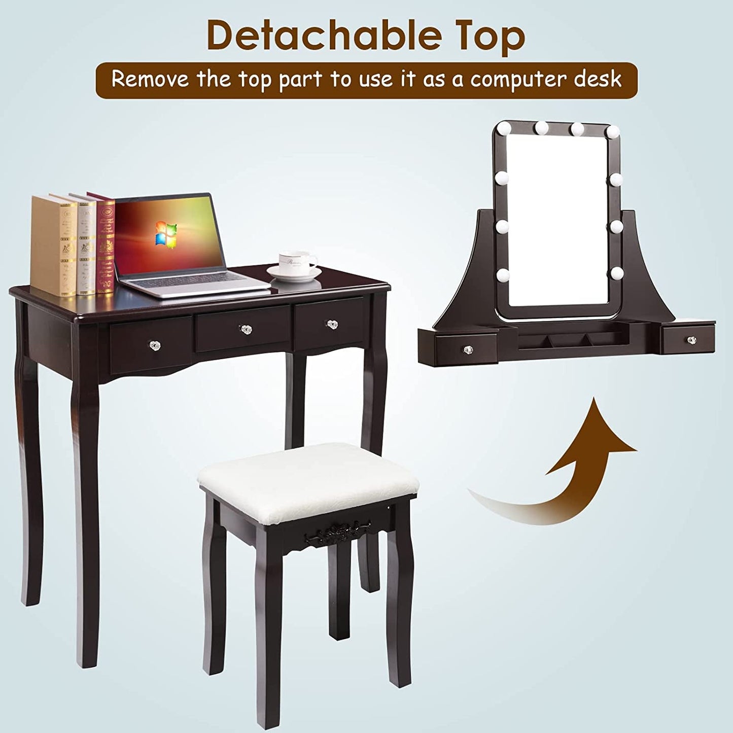 Brown Vanity Set with 10 LED Lights-4