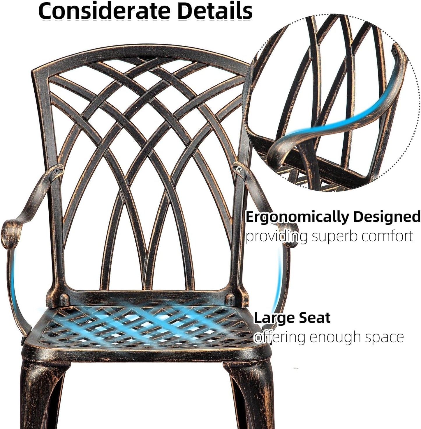 Cast Aluminum Patio Bistro Set with Umbrella Hole, 3 Piece Outdoor Bistro Set Rust-Resistant, Patio Table and Chairs, Outdoor/Indoor Use, for Garden,Backyard, Patio Balcony, Bronze-3
