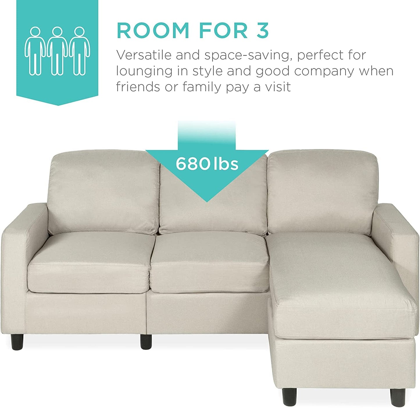 Compact Beige Linen Sectional Sofa with Chaise Lounge-2