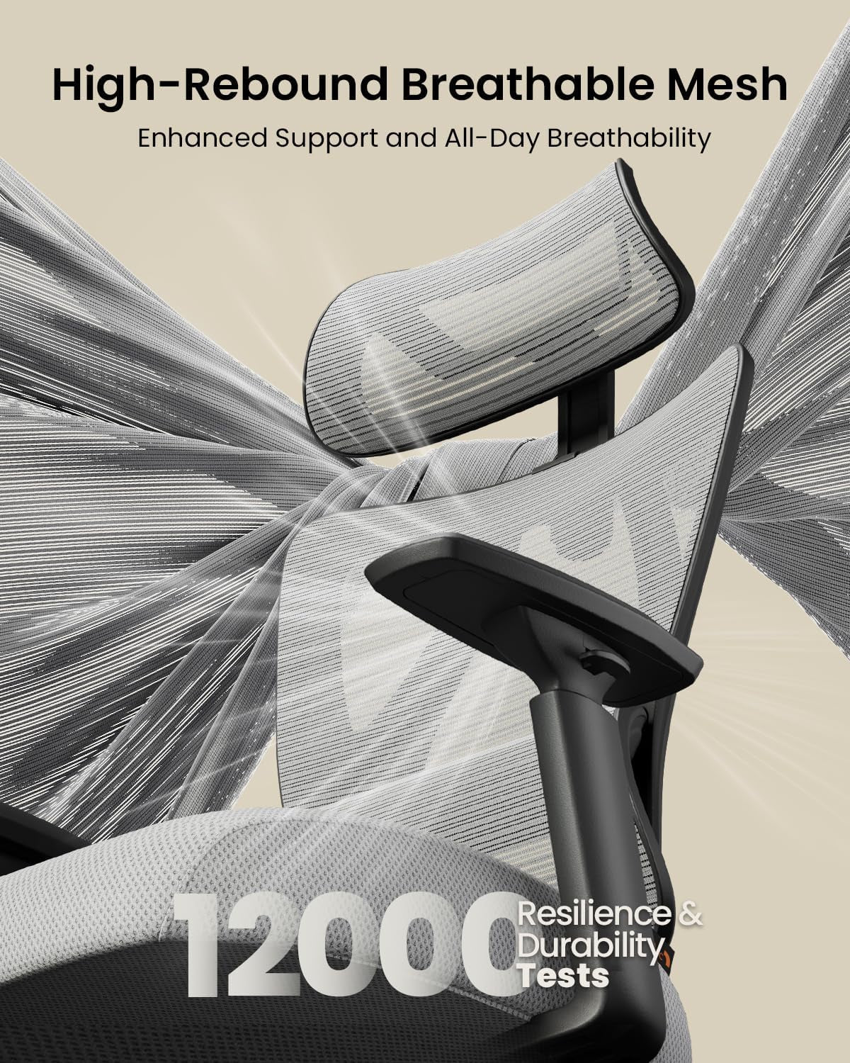 Ergonomic Office Chair with 30% Thicker Saddle Shaped Spring Cushion, Adaptive Lumbar Support, Big and Tall Mesh Chair with Headrest for Home Office, Desk Chair with Wheels EC100 (Grey)-4