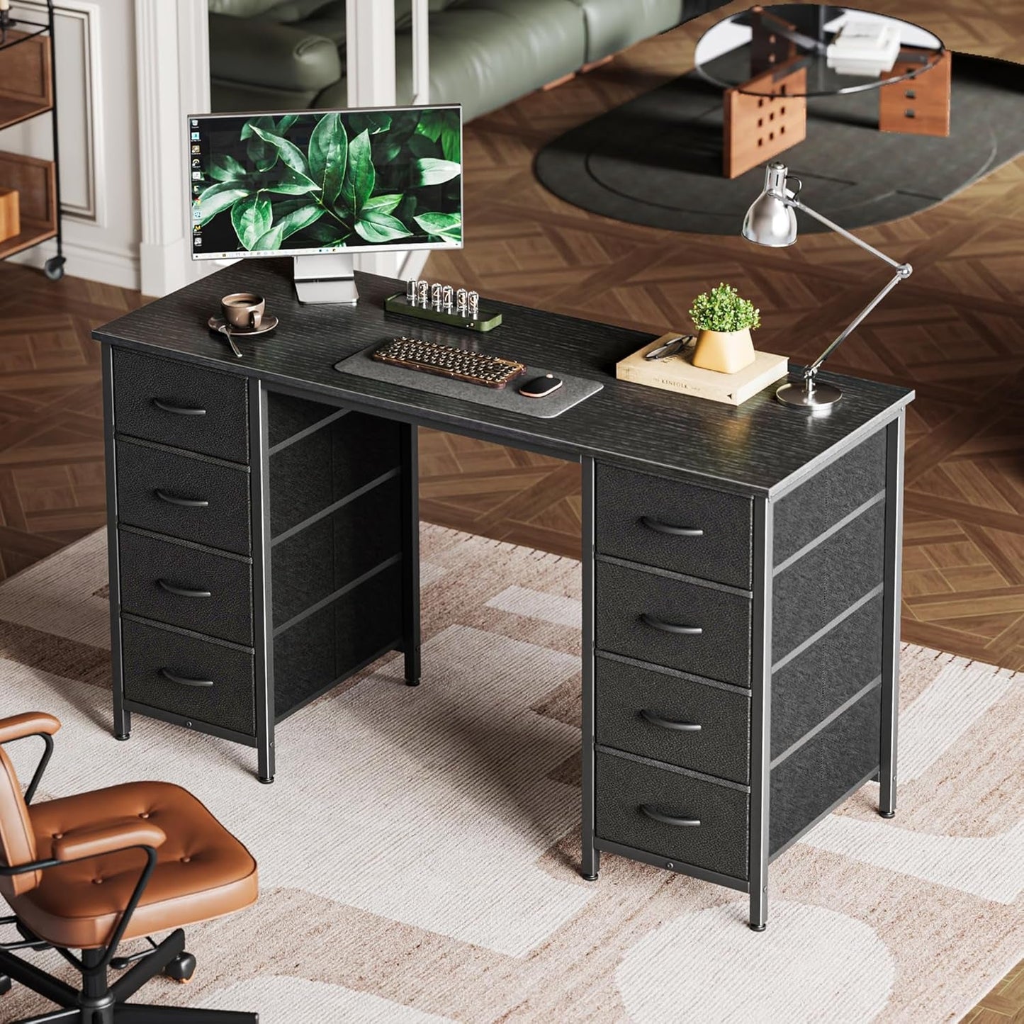 47 Inch Computer Desk with 8 Drawers, Office Desk Work Desk for Home Office, Study, Gaming Desk with Fabric Drawers, Large Storage, Black-1