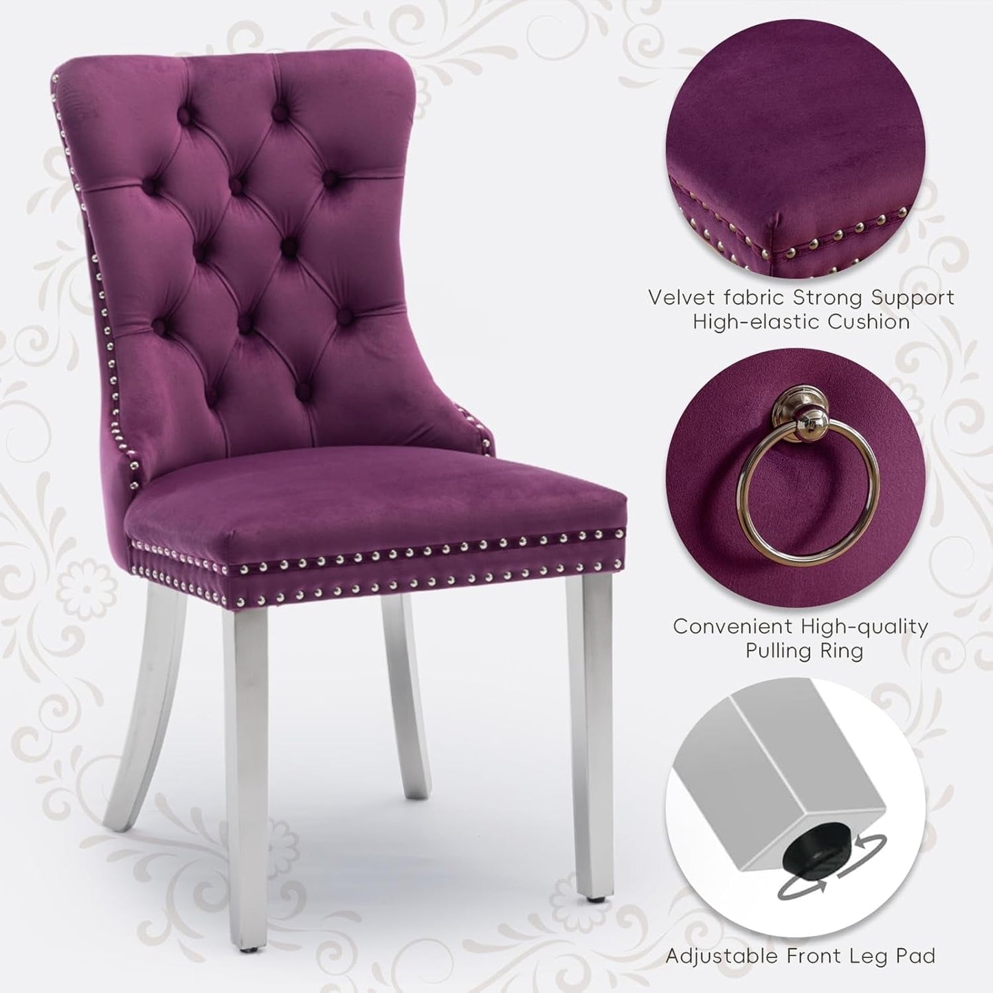 Velvet Upholstered Dining Chairs Set of 4, Modern Kitchen Side Chairs with Nailhead Trim and Silver Plated Leg, Metal Pulling Ring for Dining Room Living Room(Purple-Silver Plated Leg)-4