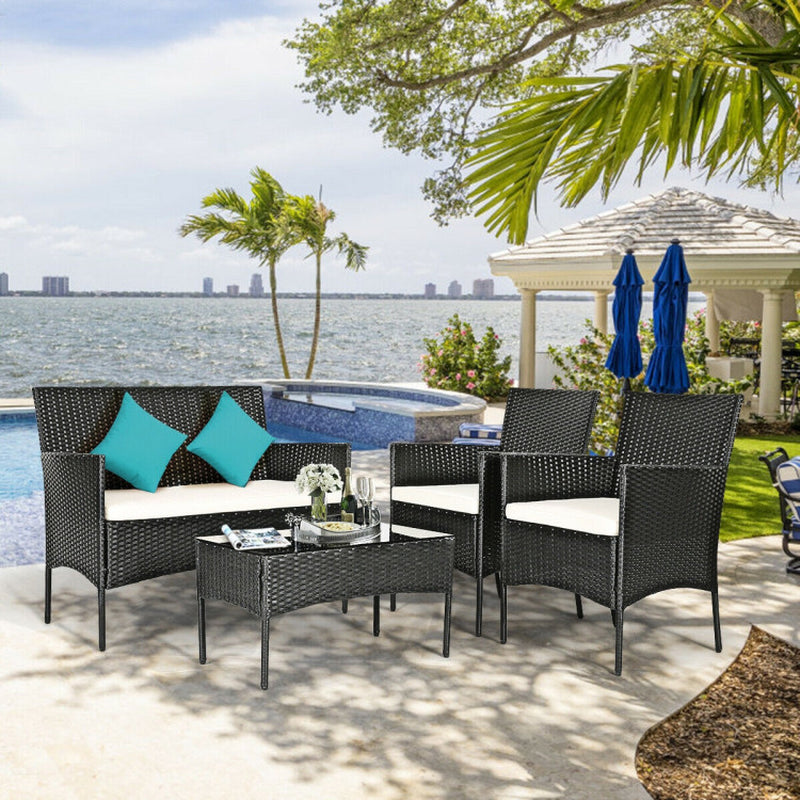 4 Pieces Patio Rattan Cushioned Sofa Set with Tempered Glass Coffee Table-4