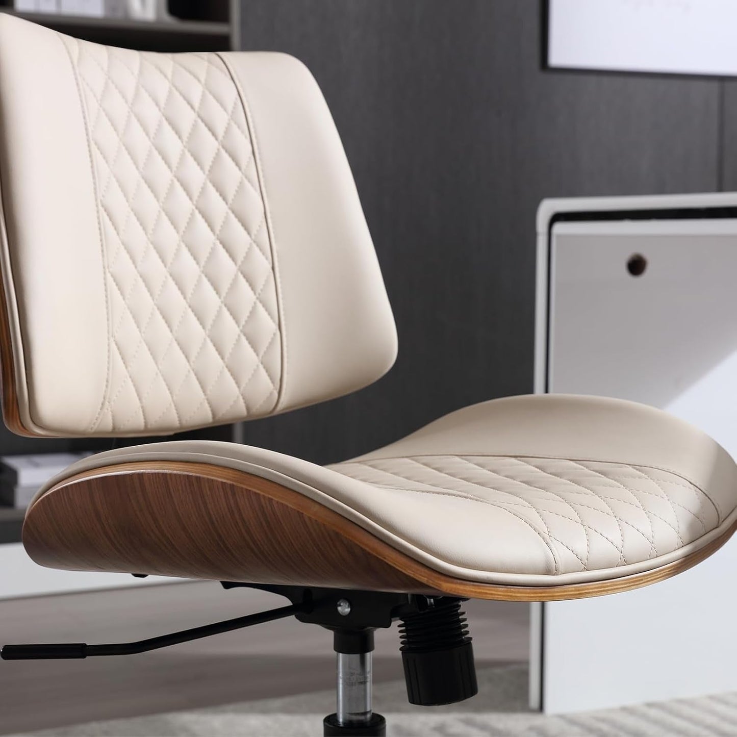 Home Office Chair No Arms with Wheels, Adjustable Height Small Desk Chair, PU Leather Mid Back 360 Swivel Computer Chair, Armless Modern Walnut Chair for Office, Reading Meeting Room(Beige)-2