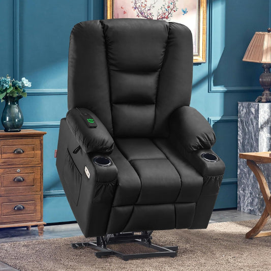 Large Power Lift Recliner Chair Sofa with Massage and Heat for Big and Tall Elderly People, 3 Positions, Cup Holders, and USB Ports, Faux Leather 7539 (Large, Black)-1