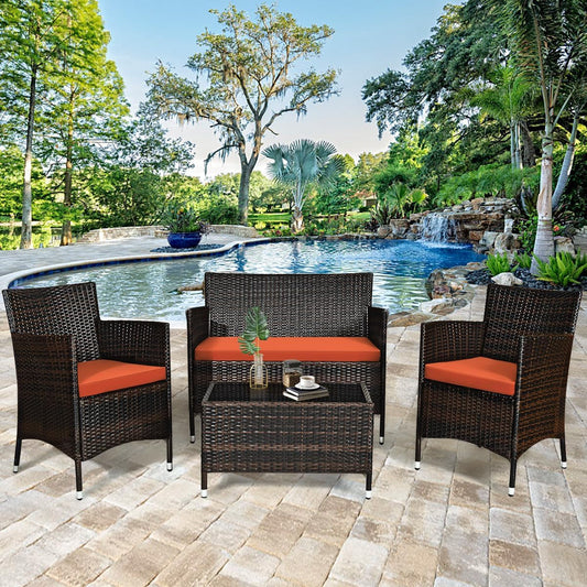 4-Piece Rattan Patio Set, Outdoor/Indoor Wicker Conversation Set for Pool, Backyard, Lawn, Wicker Chairs and Sofa with Soft Cushion, Rattan Furniture with Tempered Glass Coffee Table-1
