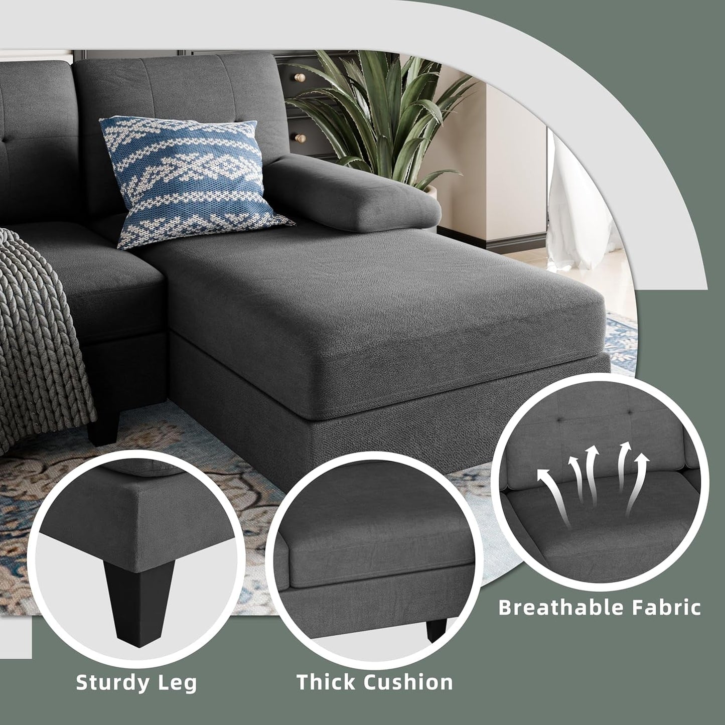 U-Shaped Sectional Sofa with Double Chaise, 4-Seat Linen Fabric Living Room Furniture Set, High-Density Cushions for Ultimate Comfort & Modern Style, Black-2