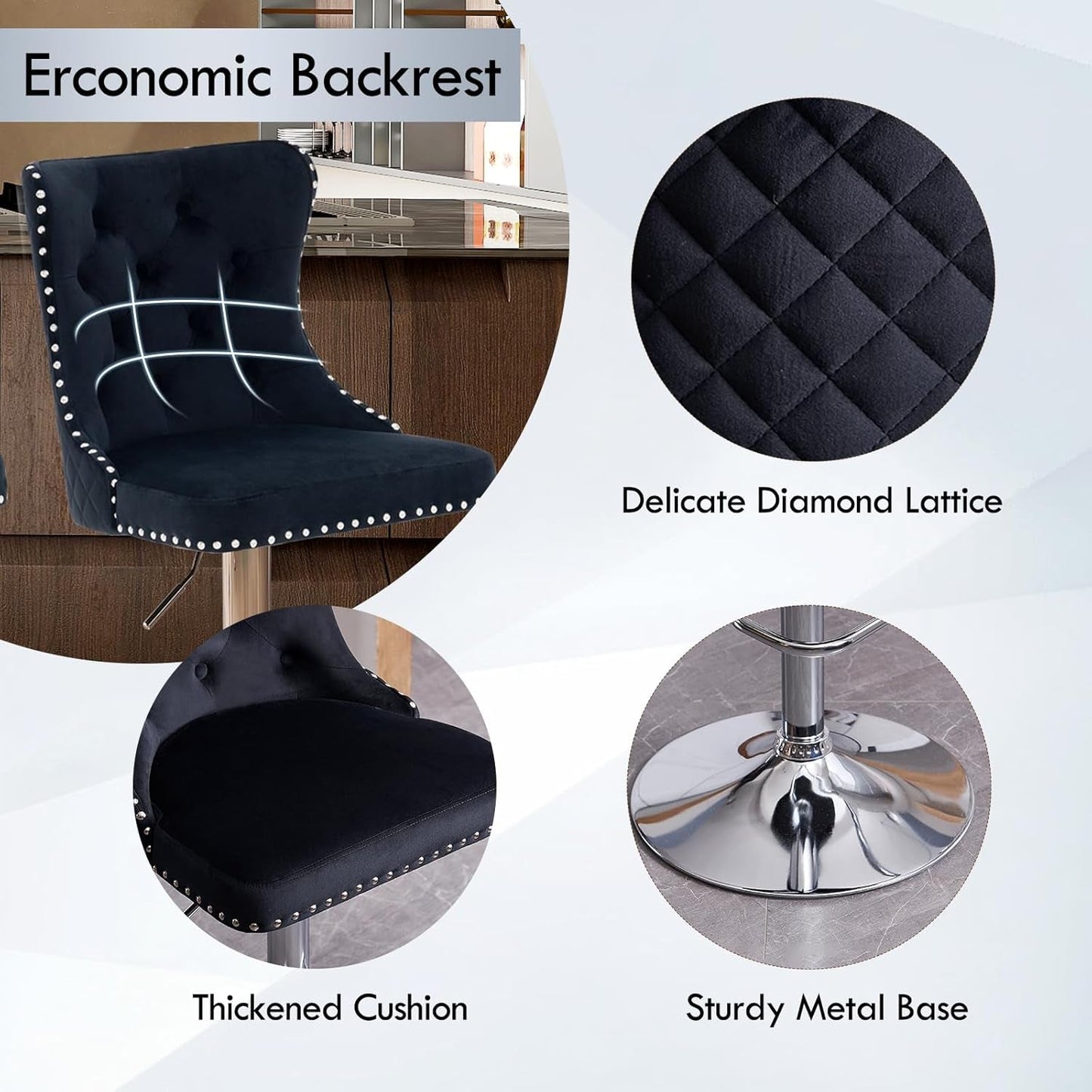 Velvet Adjustable Swivel Bar Stools Set of 4, High Tufted Back Modern Counter Height Stools-Chrome Base Footrest/Lion Pull Ring/Rivet Trim/Diamond Pattern Kitchen Dining Pub Bar Chairs, Black-4