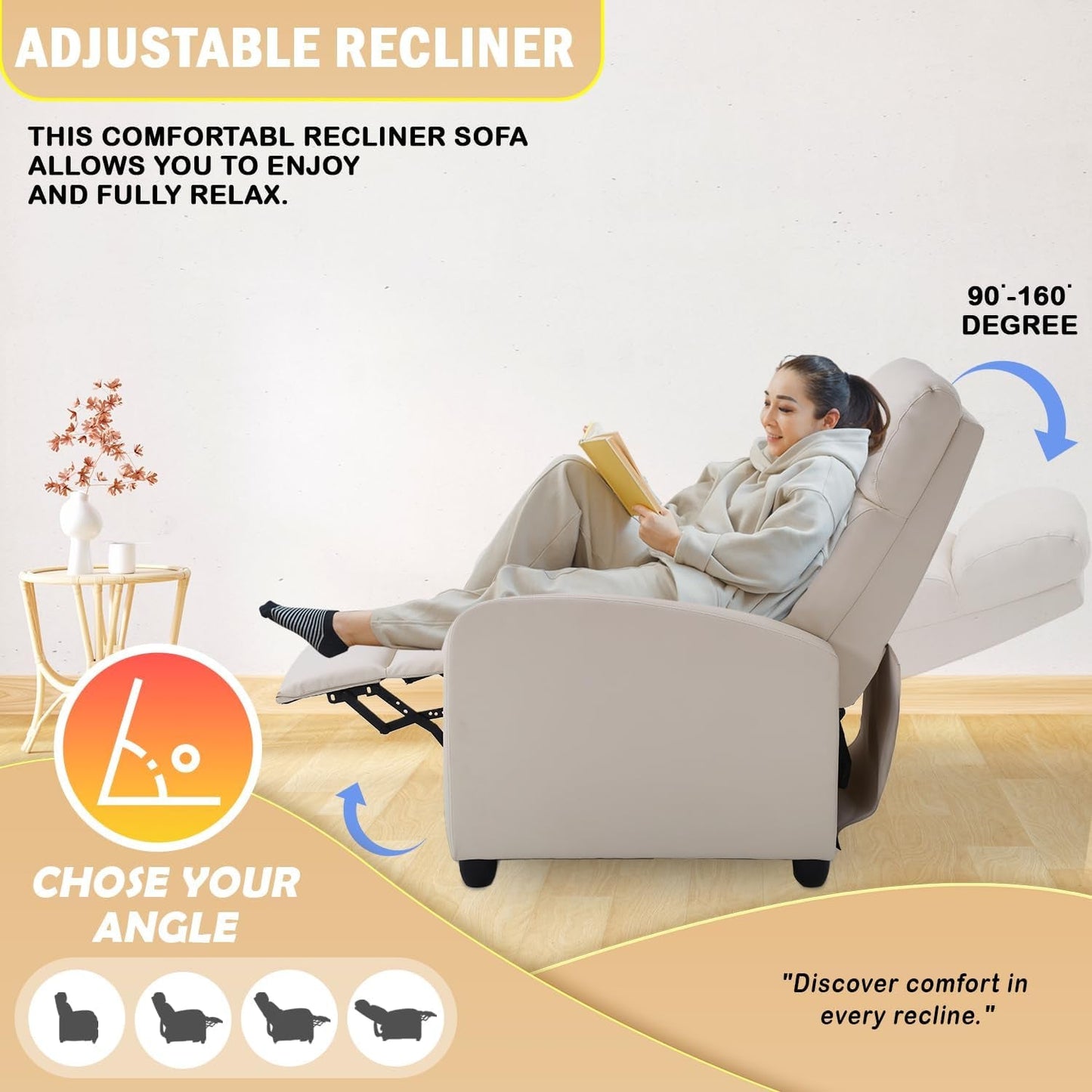 Recliner Chair Single Reclining Sofa Home Theater Seating with Lumbar Support and Padded Backrest for Living Room and Bedroom (Leather, Beige)-4