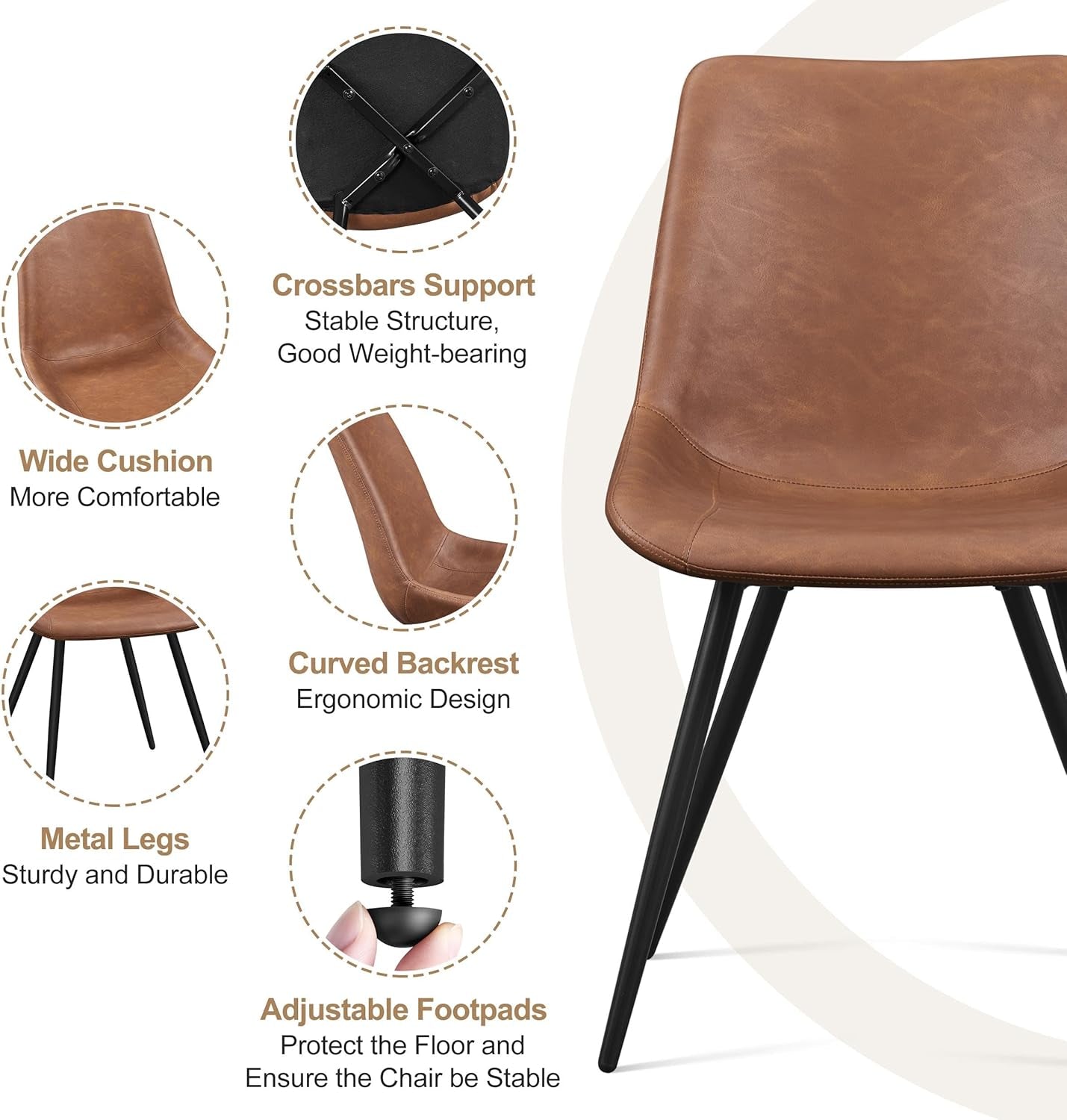 Dining Chairs Set of 2 Upholstered Modern Dining Room Chairs Mid Century Faux Leather Kitchen Chairs with Metal Legs for Dining Room Kitchen, Brown-4