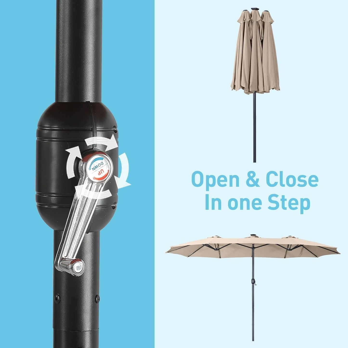 15Ft Patio Umbrella with Base Included, Double Sided Outdoor Large Rectangular Patio Umbrella with Crank Handle, for Lawn Garden, Khaki-4