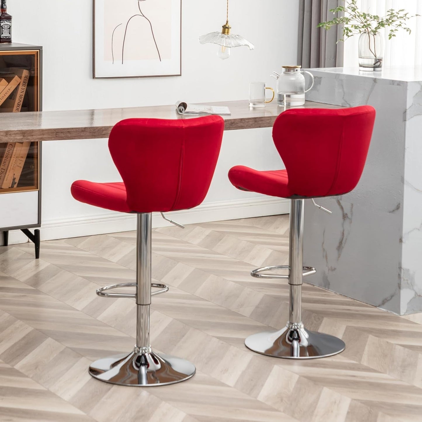 Ellston Velvet Adjustable Swivel Barstools in Red, Set of 2-3