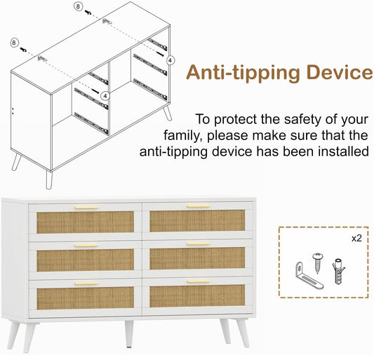6 Drawer Double Dresser for Bedroom, Rattan Chest of Dressers, Modern Wooden Dresser Chest with Golden Handles, beside Table for Closet, Living Room and Entryway, White and Natural-1