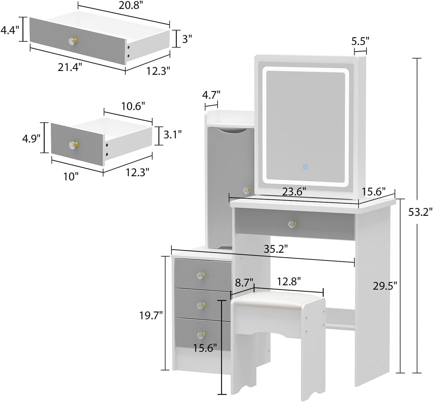 White Makeup Vanity Desk with Lighted Mirror and Drawers-3