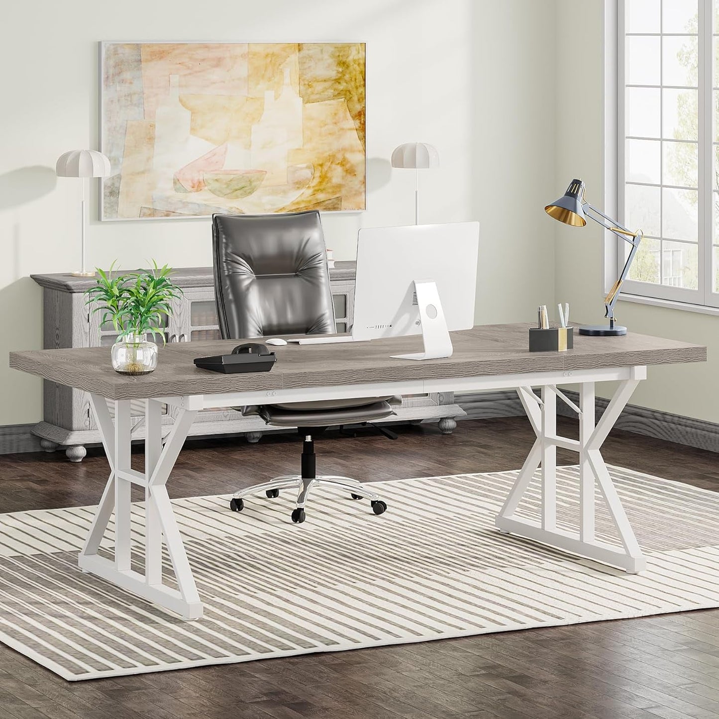 70.8-Inch Executive Desk, Large Computer Office Desk Workstation, Modern Simple Style Laptop Desk Study Writing Table Business Furniture for Home Office (Grey/White, 70.8 Inch)-0