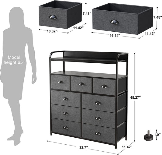 Dark Grey 9-Drawer Fabric Tall Bedroom Dresser-1