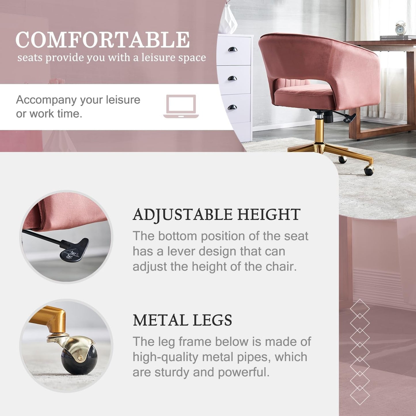 Home Office Chair Swivel Velvet Desk Chair, Vanity Chair with 360 Swivel Armchair and Gold Base,For Living Room, Bedroom, Vanity, Study (Pink)-4