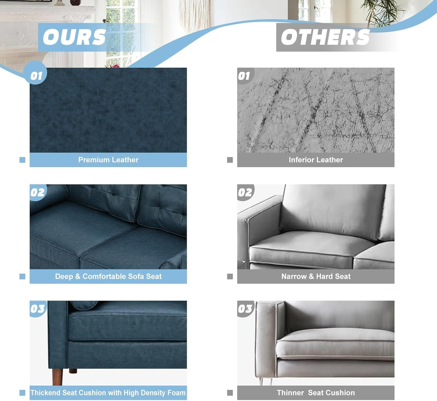 2 Pieces Faux Leather Couch Set, Upholstered 3 Seat & Loveseat Sofa with Bolster Pillows, Mid Century Modern Couch Set with Wooden Legs for Living Room, Bedroom, Office. Blue-4