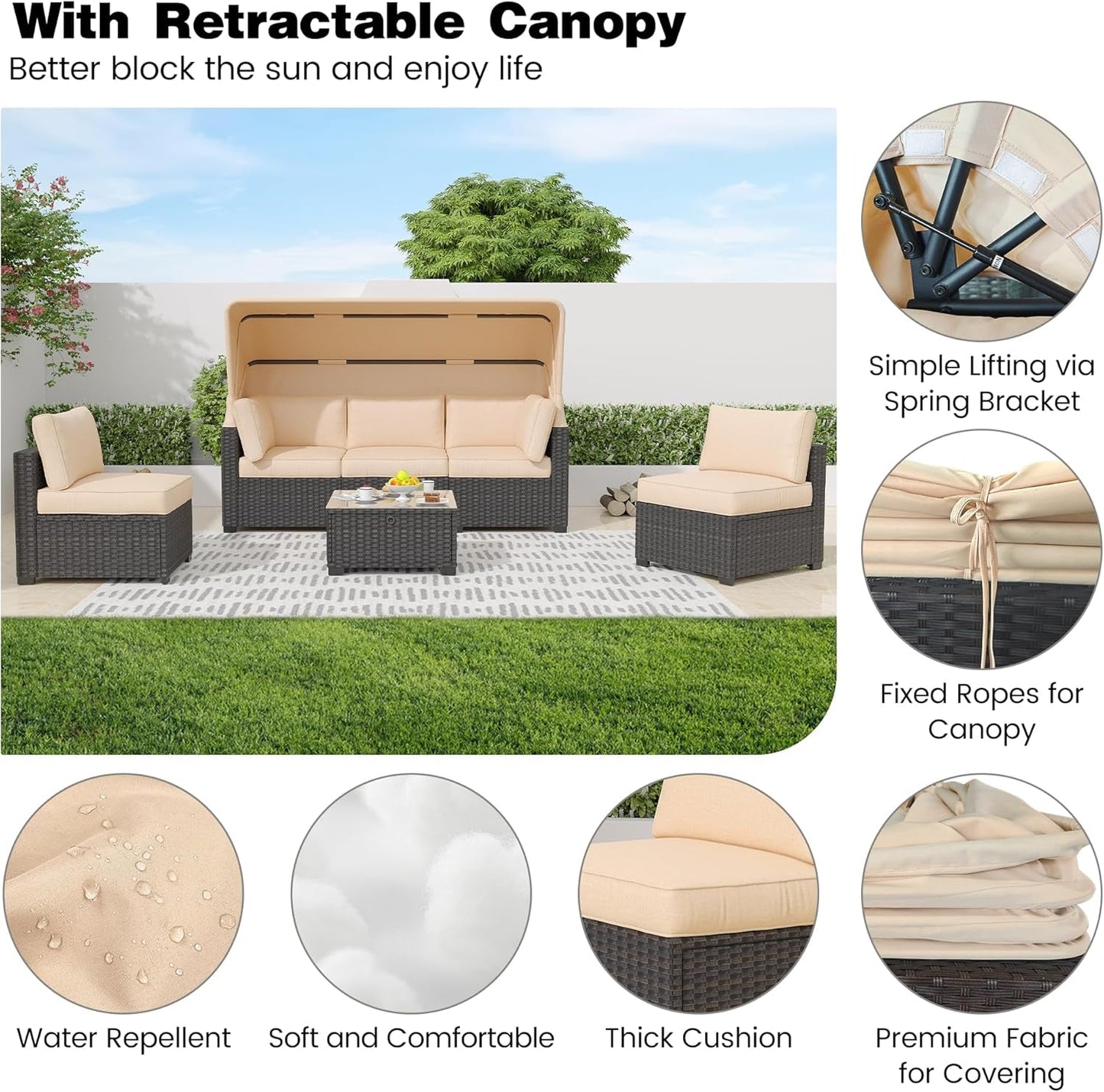 Outdoor Daybed with Canopy,6 Pieces Patio Furniture Sets Adjustable Backrest PE Gradient Wicker Sectional Furniture Set with Tempered Glass Side Table-4