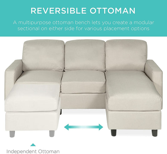 Compact Beige Linen Sectional Sofa with Chaise Lounge-1