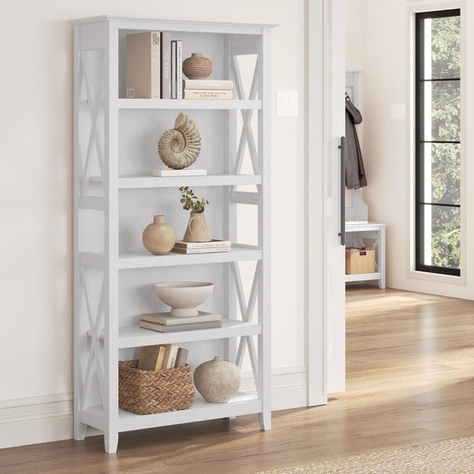 Bush Furniture Tall 5 Shelf Bookcase for Living Room or Home Office, Large Bookshelf, Modern Farmhouse Style, Key West Collection, Pure White Oak-1