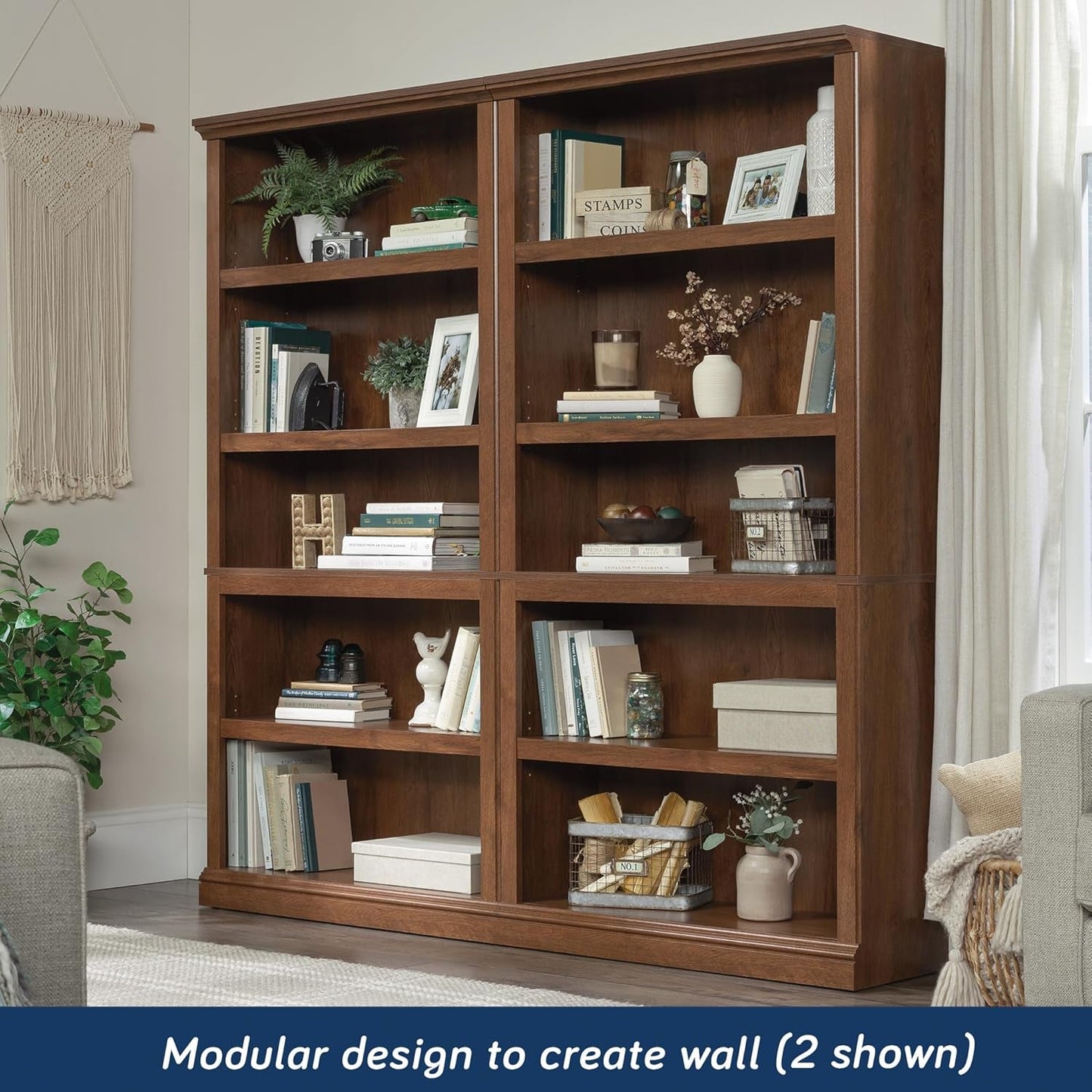 Miscellaneous Storage 5 Split Bookcase/Book Shelf, L: 35.28" X W: 13.23" X H: 69.76", Oiled Oak Finish-3
