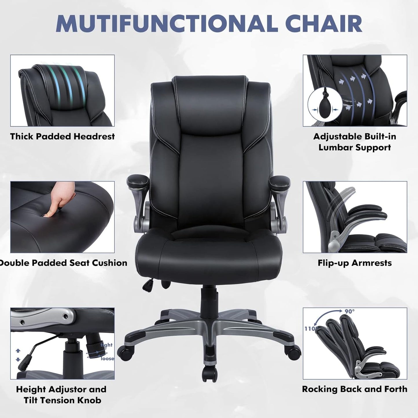 High Back Executive Office Chair- Ergonomic Home Computer Desk Leather Chair with Padded Flip-Up Arms, Adjustable Tilt Lock, Swivel Rolling Chair for Adult Working Study-Black-4