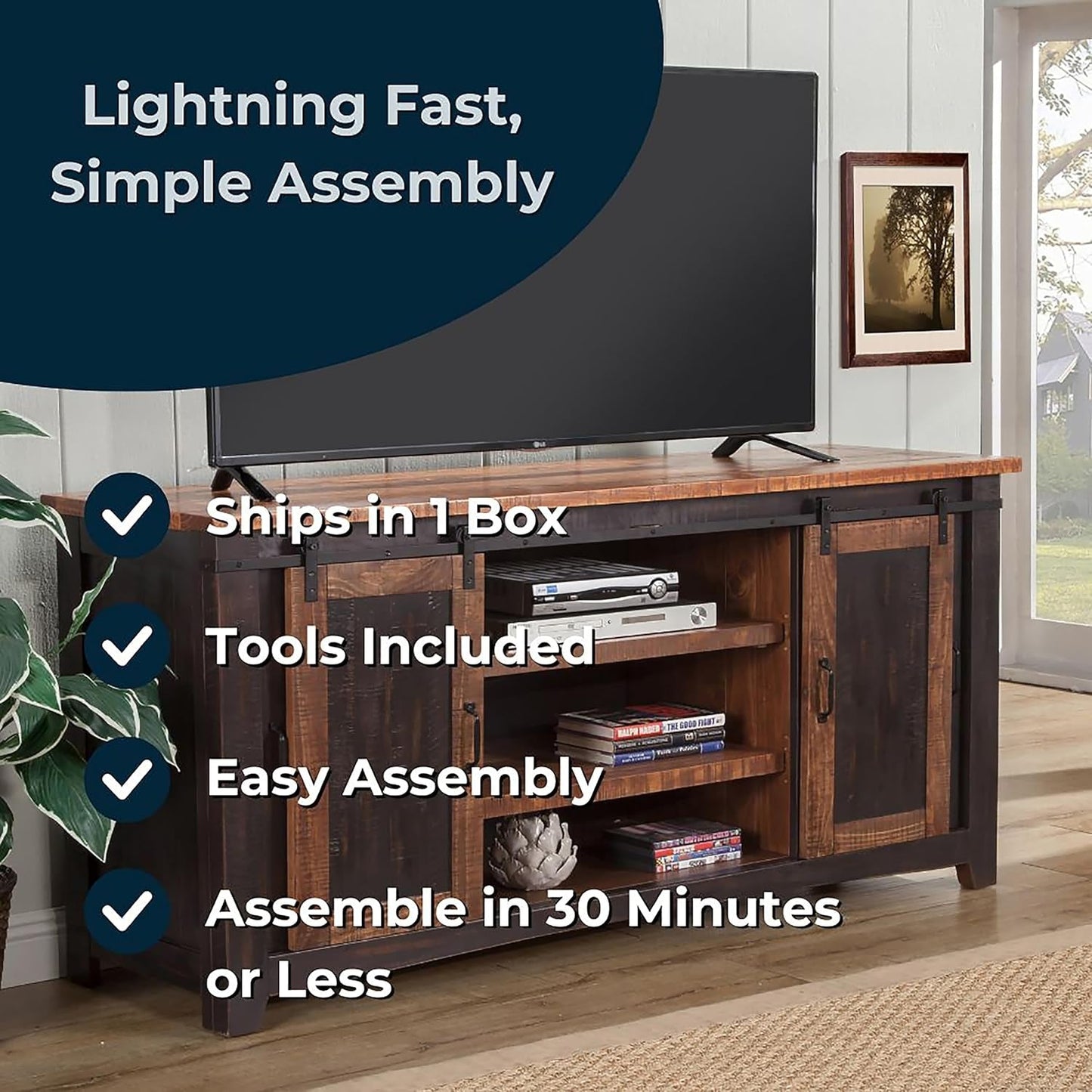 Santa Fe Solid Wood TV Stand, 65", Antique Black and Aged Distressed Pine-4