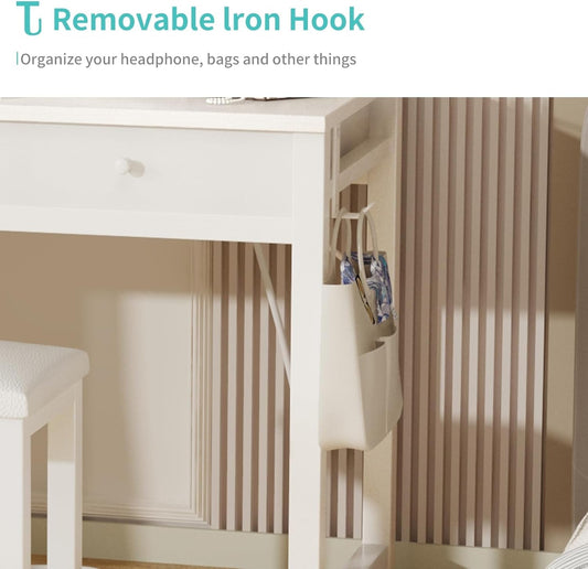 White Small Vanity Desk Mirror, Lights, Power, Chair-1