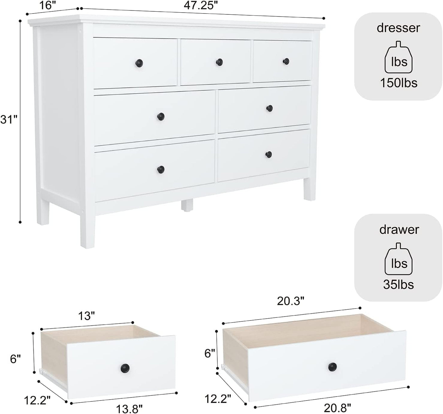 White 7-Drawer Modern Dresser with Solid Wood Legs-2
