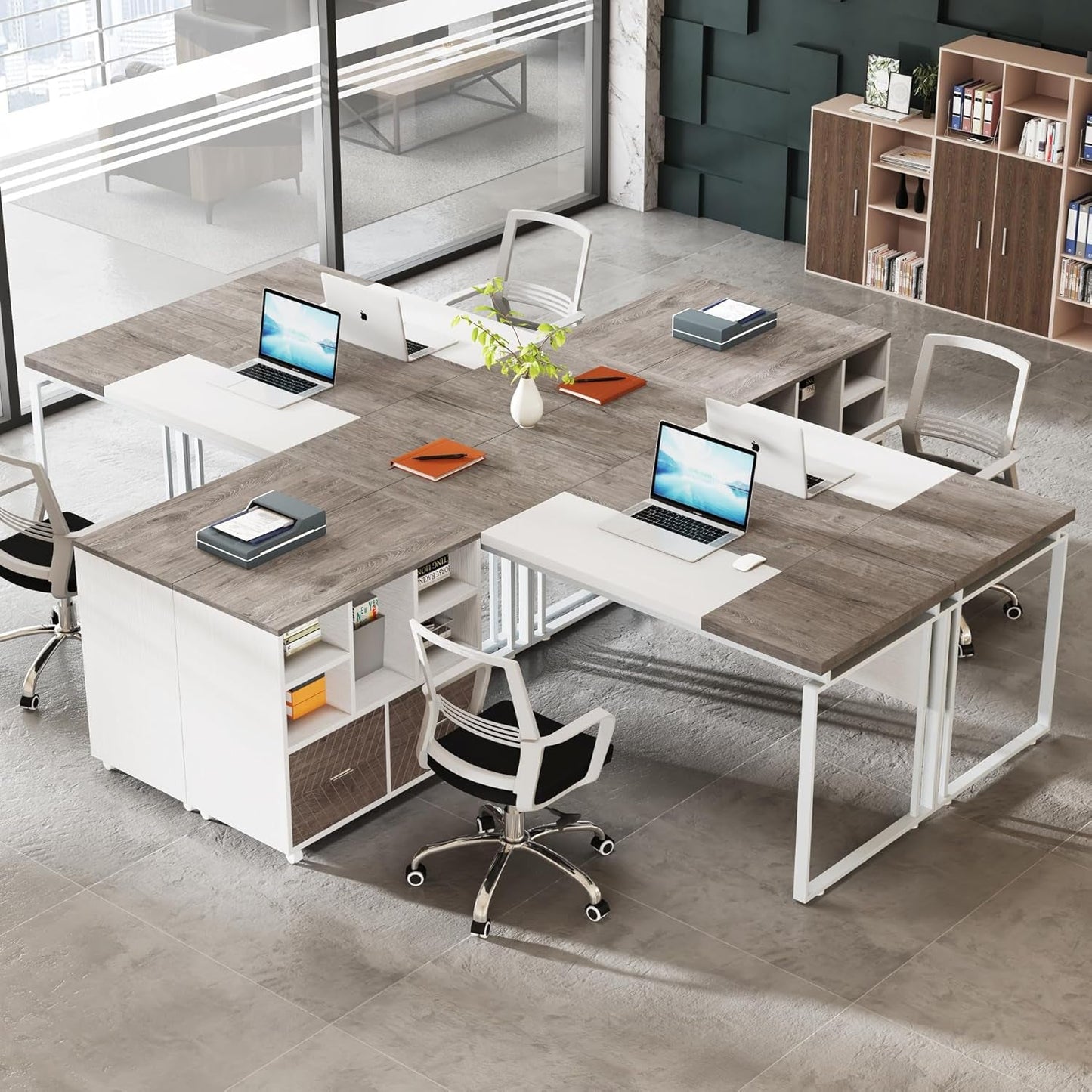 L-Shaped Executive Desk with Reversible File Cabinet, 63" Office Desk with Storage Drawers, L-Shaped Computer Desk with Drawer Cabinet for Hanging Letter Size Files,Gray & White-3