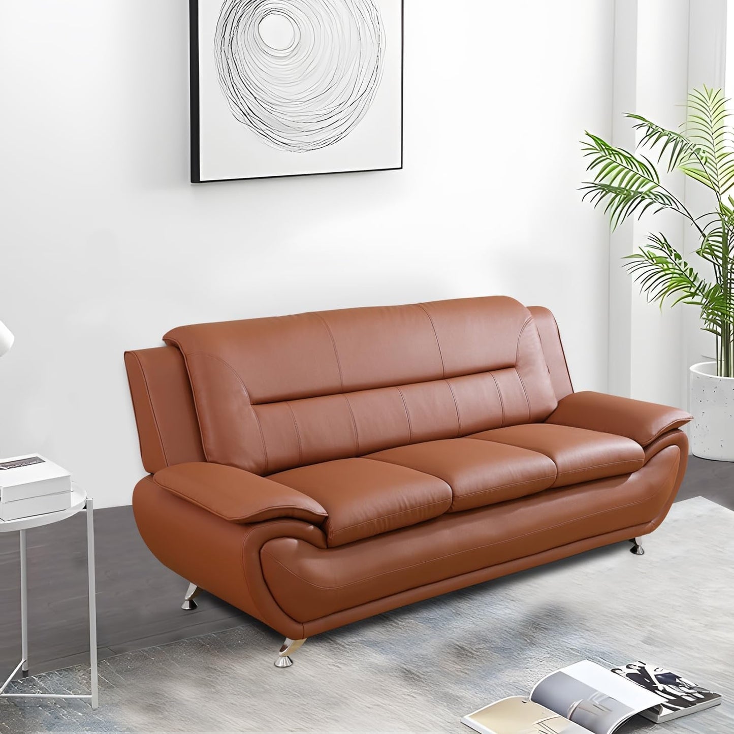 Faux Leather 2 Piece Sofa Set, Modern Orange Living Room Couch and Loveseat with Solid Wood Frames, Foam Filled, Button Tufted-4