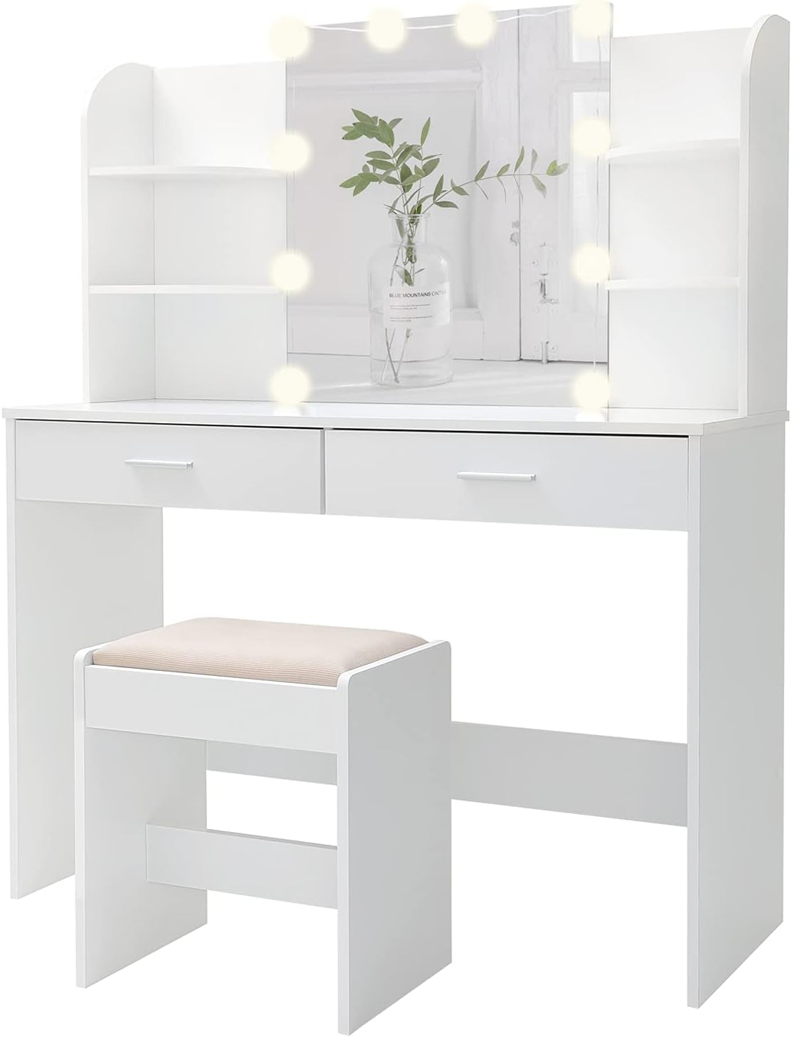 Large Vanity Set with 10 Light Bulbs, 2 Drawers (White)-1