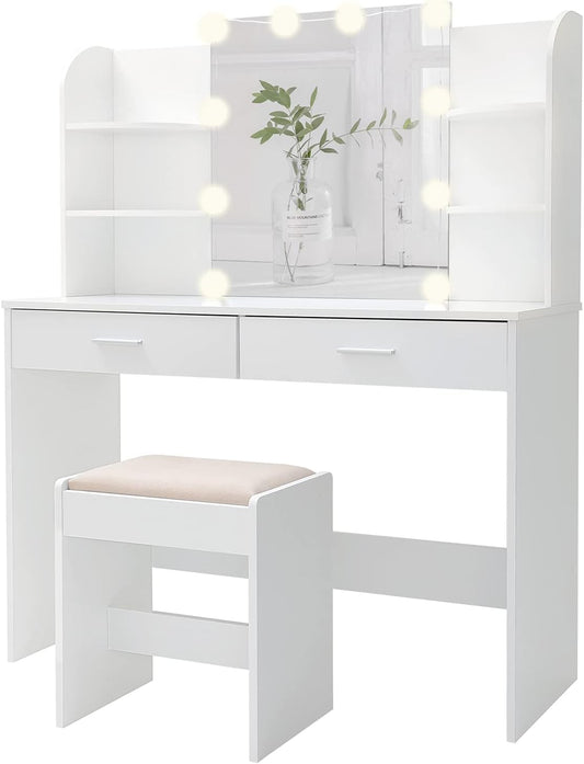 Large Vanity Set with 10 Light Bulbs, 2 Drawers (White)-1