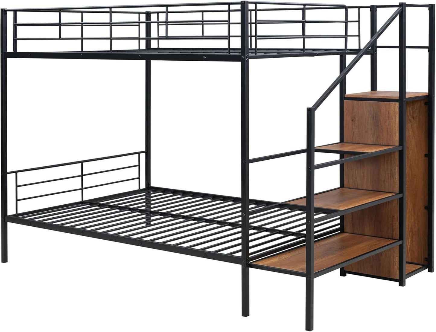 Full over Full Metal Bunk Bed,Bunk Bed with Storage Stairs and Wardrobe, Bunk Bed for Adults/Kids/Teens, Bunk Bed for School, Bedroom, Black-3