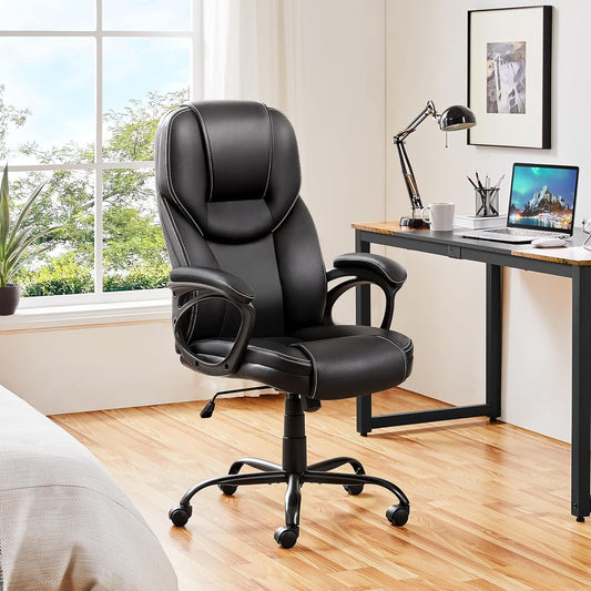 High Back Executive Chair Faux Leather Managerial Chair Ergonomic Task Chair Computer Meeting Chair Large Seat Swivel Chair, Sturdy Metal Base, Black-1