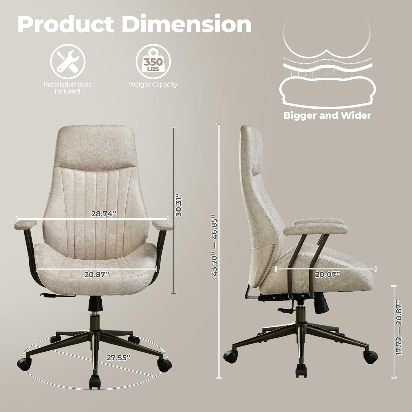 Ergonomic Home Office Chair, Mid-Century Modern Leather Chair with Lumbar Support, High Back Swivel Rolling Executive Chair, Comfy Task Computer Desk Chair (Beige, Suede Leather)-1