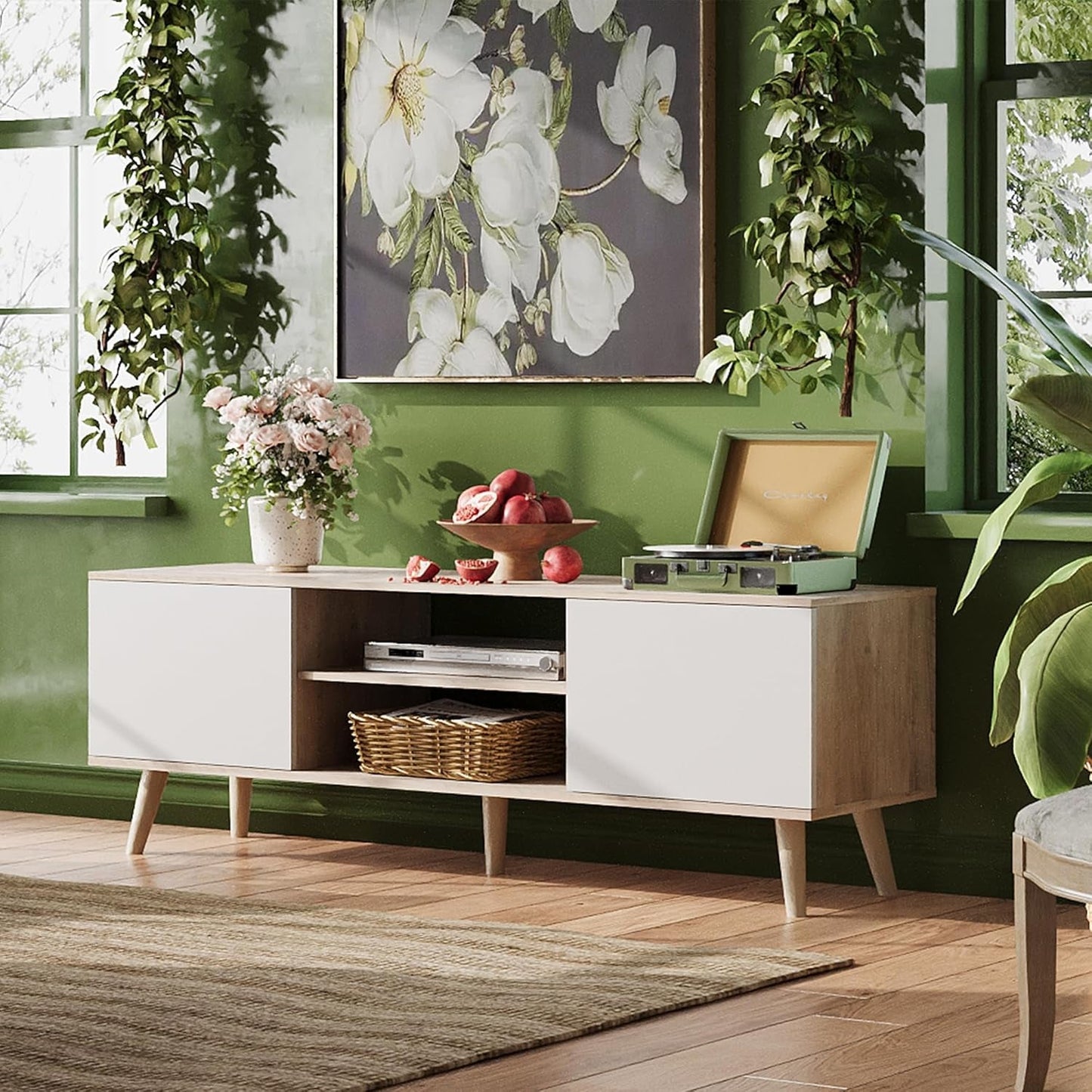 TV Stand for 55 60 Inch TV, Boho Entertainment Center with Storage Cabinets, TV Console for Living Room Decor, Greige White-1