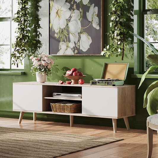 TV Stand for 55 60 Inch TV, Boho Entertainment Center with Storage Cabinets, TV Console for Living Room Decor, Greige White-1