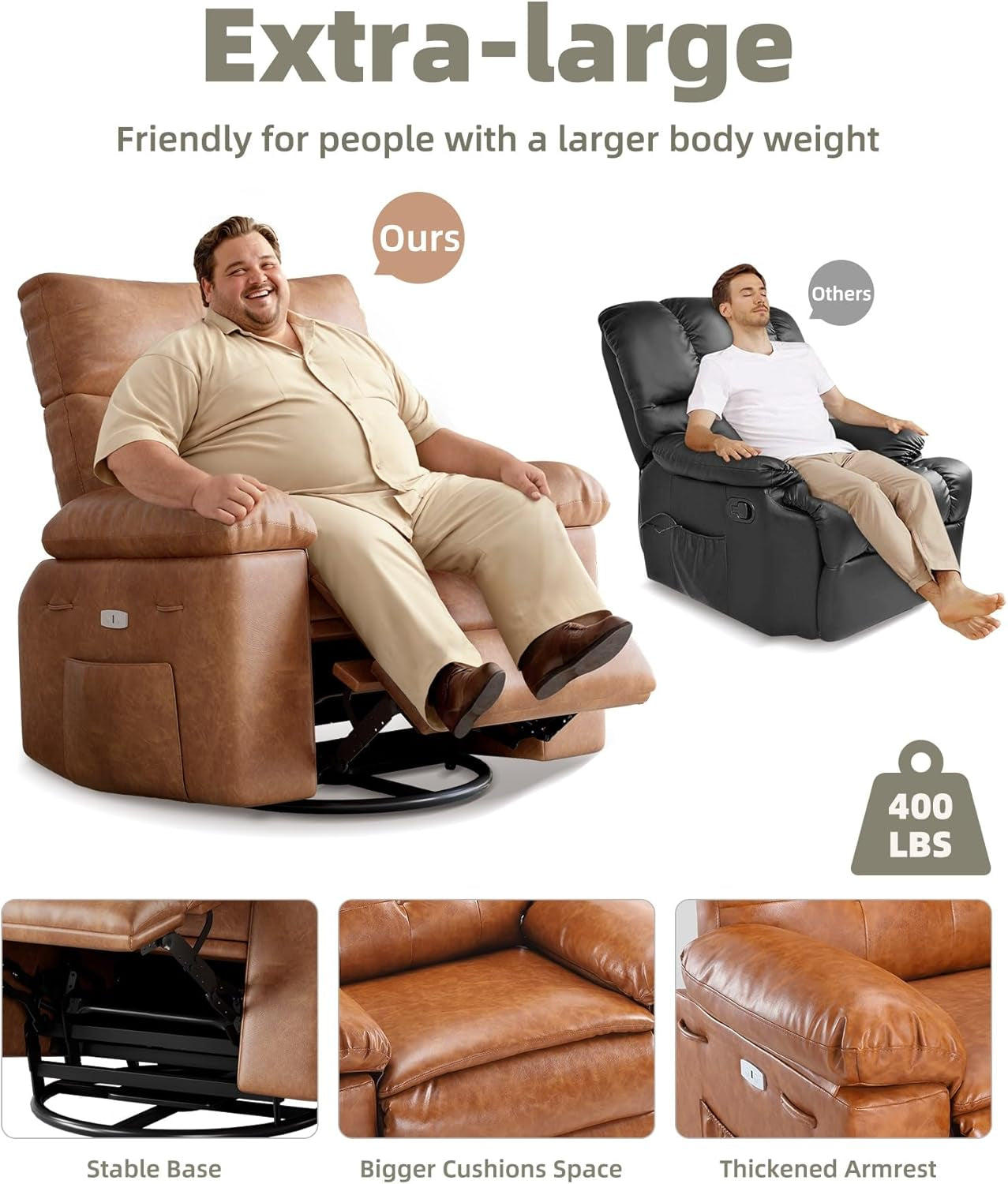 Oversized Electric Recliner Chair - 360° Rocker Swivel Recliner with Heat and Massage, PU Leather Large Recliner for Adults, Comfortable Lazy Boy with 1.5X Sponge Filling for Living Room-3