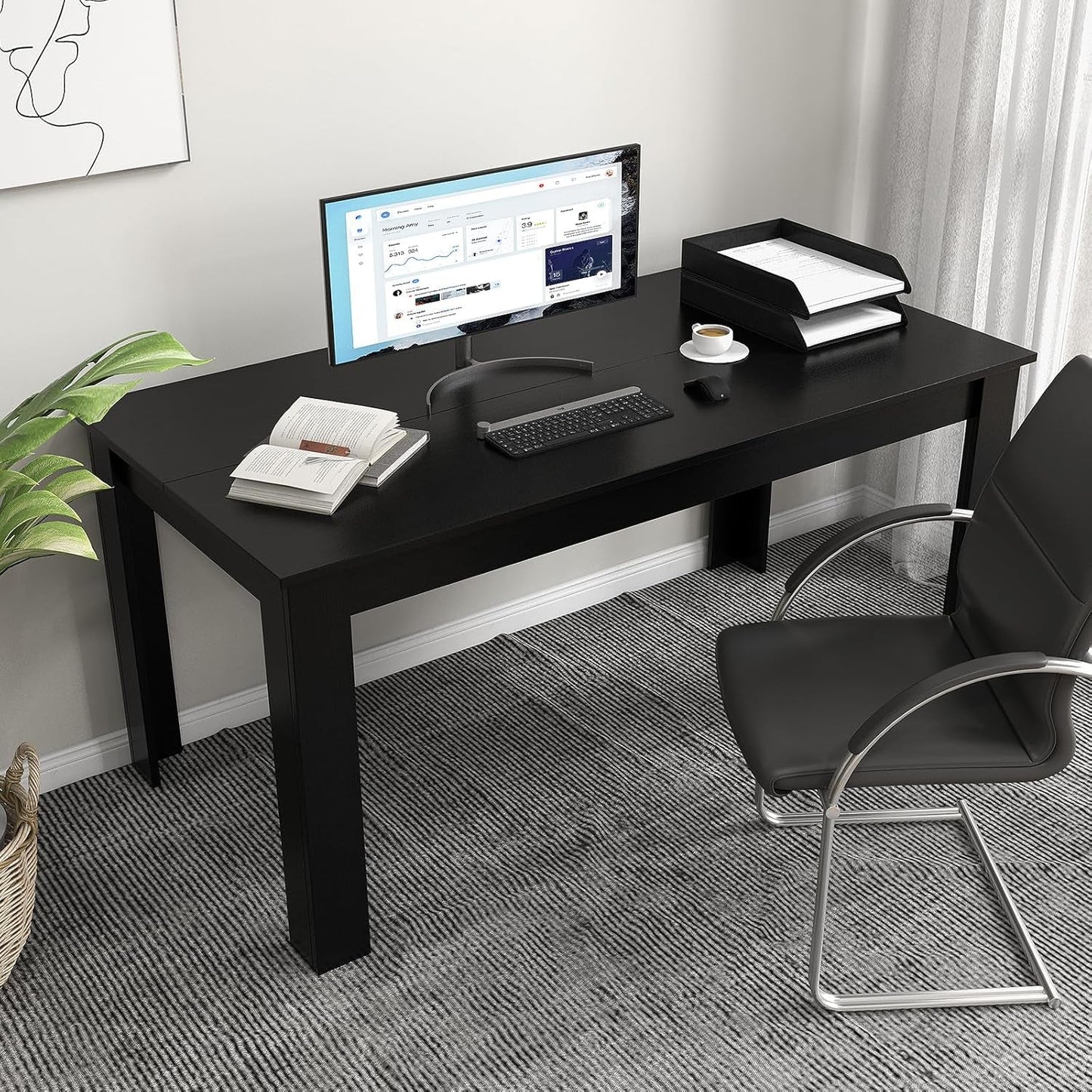 Wood Dining Table for 4-6 People, 63" Wood Rectangle Dinner Table, Modern Kitchen Table with L-Shaped Legs, 330Lbs Weight Capacity, Farmhouse Dinette Table for Dining Room, Living Room, Black-4