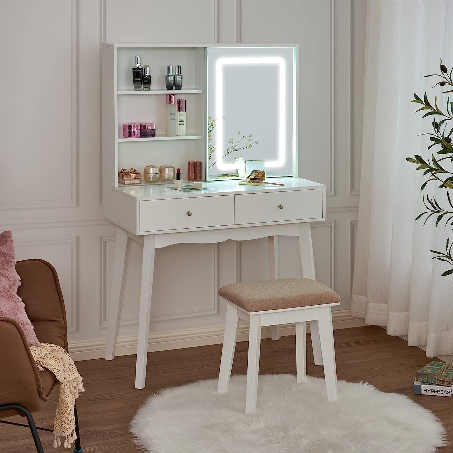 White Vanity Desk with Mirror, Lights, and Drawers-2