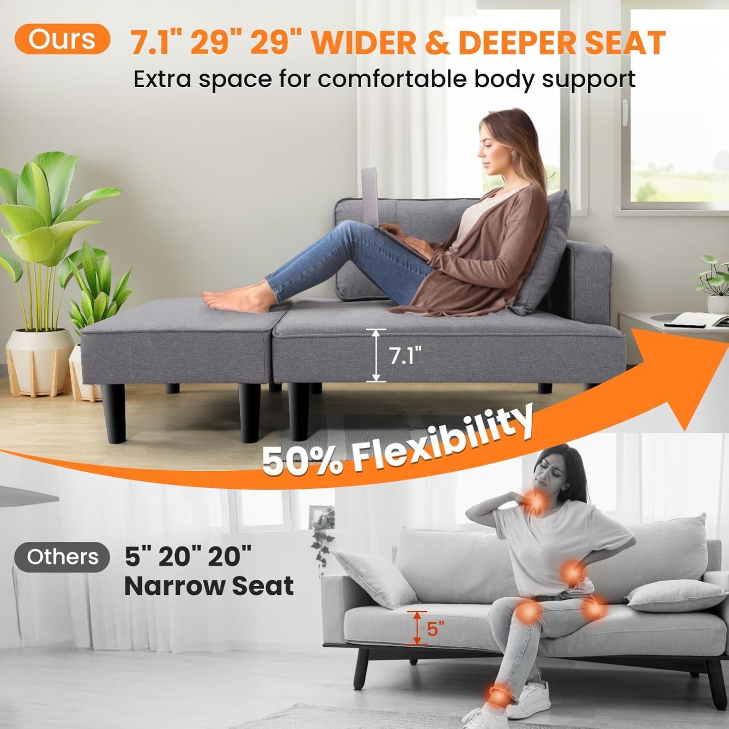 Recliner Sofa Bed Modular Sectional Convertible Sofa for Small Space, Flexible Combination Corner Couch with Ottoman, Modern Flax Fabric Loveseat for Apartment Sleeping Room Living Room,Right Armrest-3