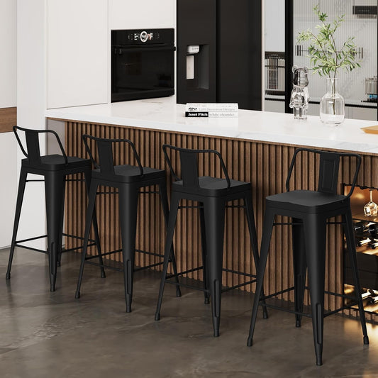 26" Metal Bar Stools Set of 4 Counter Height Barstools Industrial Counter Stool Kitchen Bar Chairs Indoor Outdoor-Low Back, Black-1