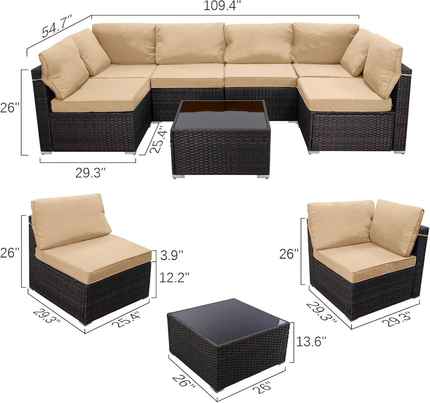 7 Pieces Outdoor Patio Furniture Sets,Rattan Conversation Sectional Set,Manual Weaving Wicker Patio Sofa with Tea Table-4
