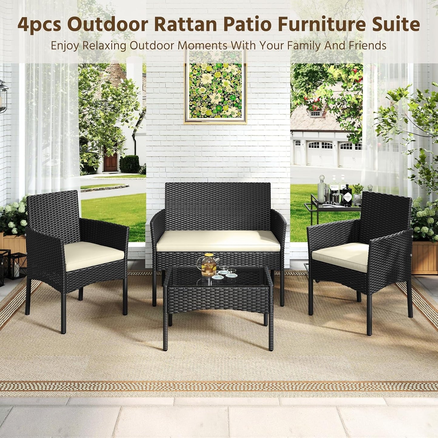 Patio Furniture Set 4 Pieces Conversation Sets, Rattan Chair Wicker Set Loveseat with Soft Cushion and Glass Table for Backyard Porch Garden Poolside Balcony, Black and Beige-1